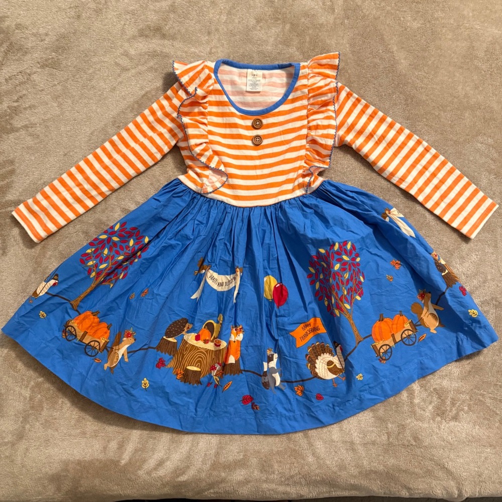 Eleanor Rose Girls Thanksgiving Dress Size 6 Orange Blue Woodland Ruffle